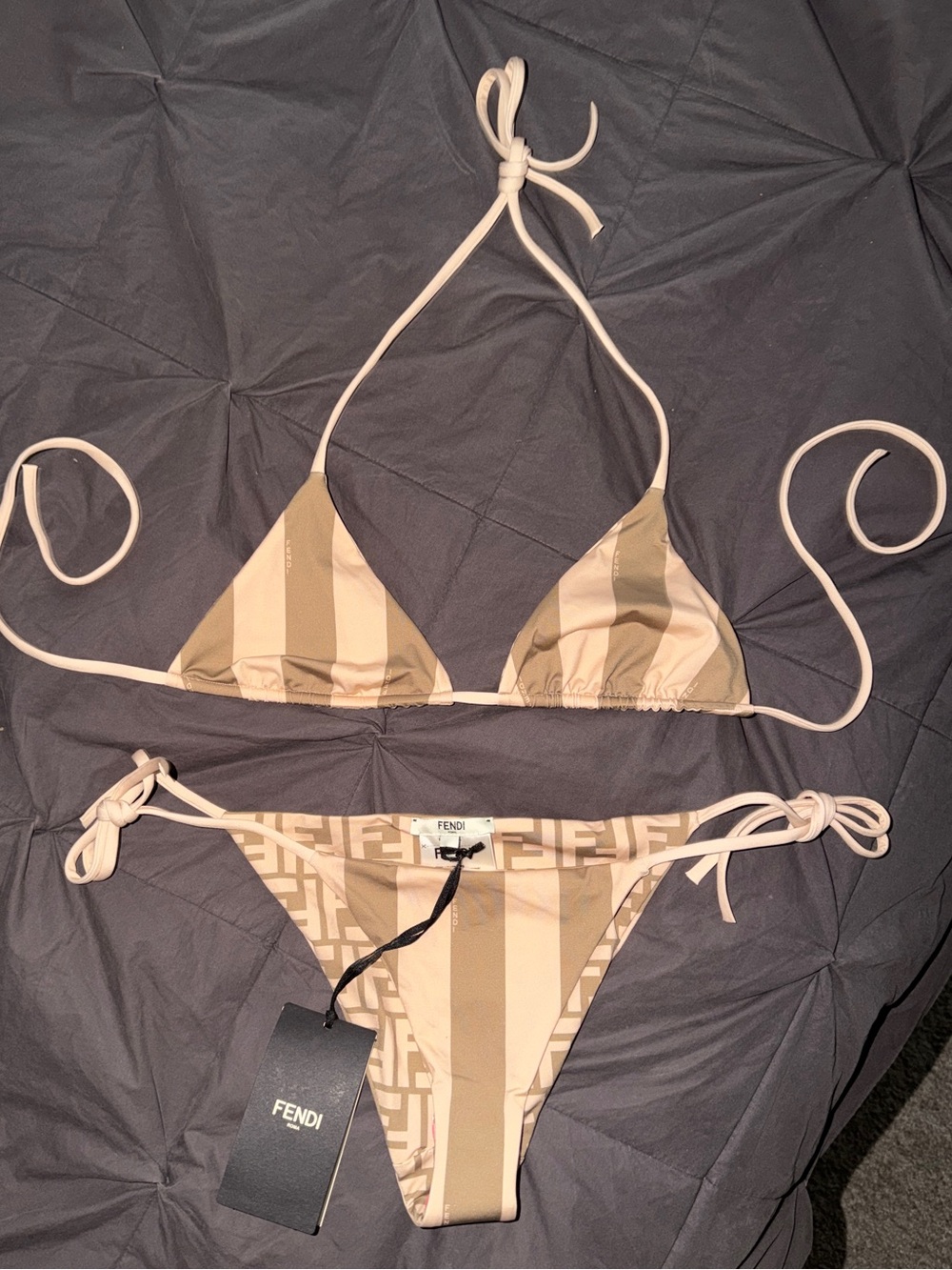 Fendi Beige and Tan Striped FF Logo Triangle String Bikini